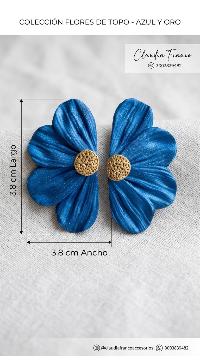 Aretes de topo Flor Sideral azul con centro dorado, pétalos ondulados de arcilla polimérica, 3,8 cm de ancho