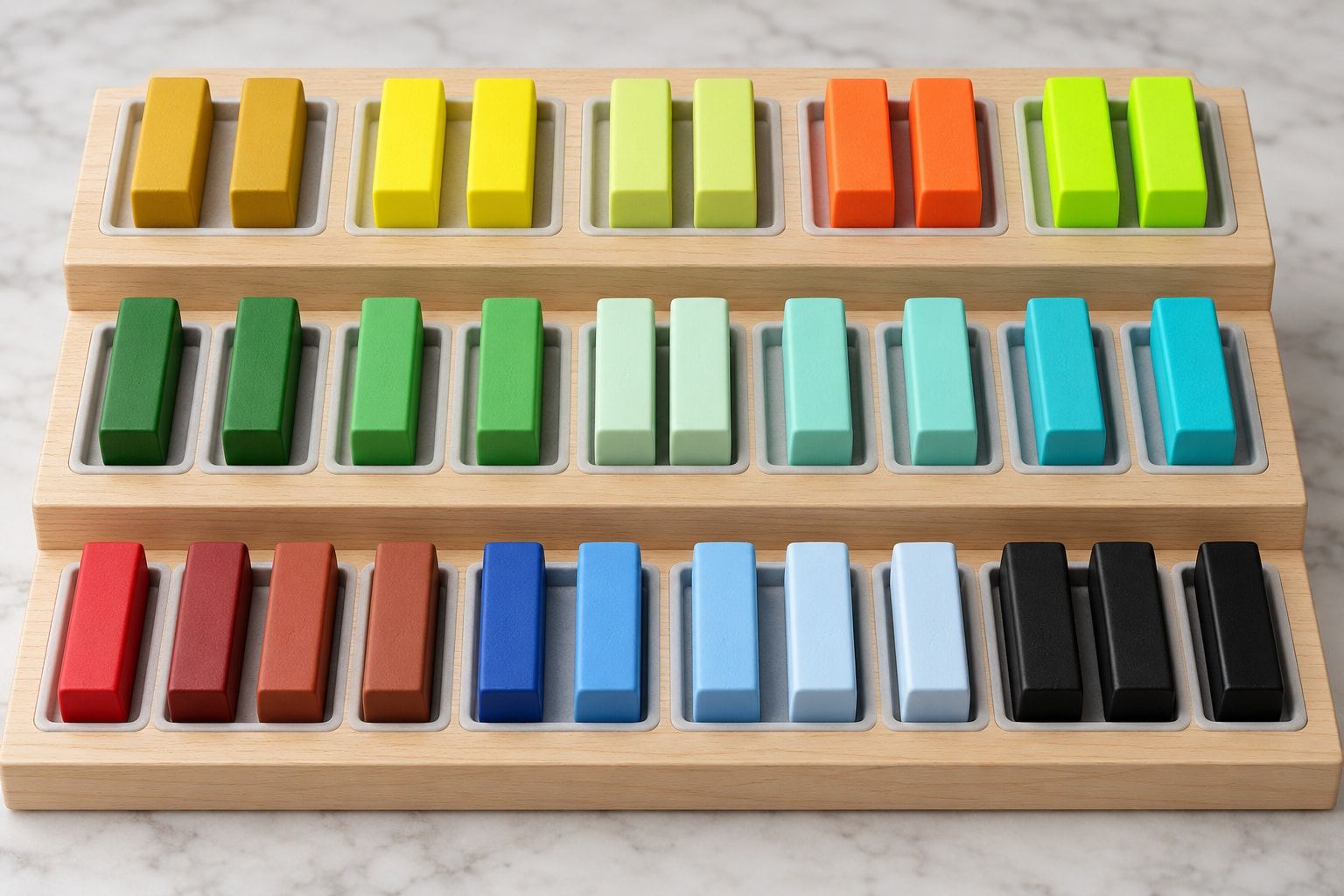Gama de colores de arcilla polimérica de Claudia Franco: barras de arcilla en mostaza, amarillo, naranja, verdes, menta, turquesas, rojos, terracota, azules, celeste y negro, en repisas de madera